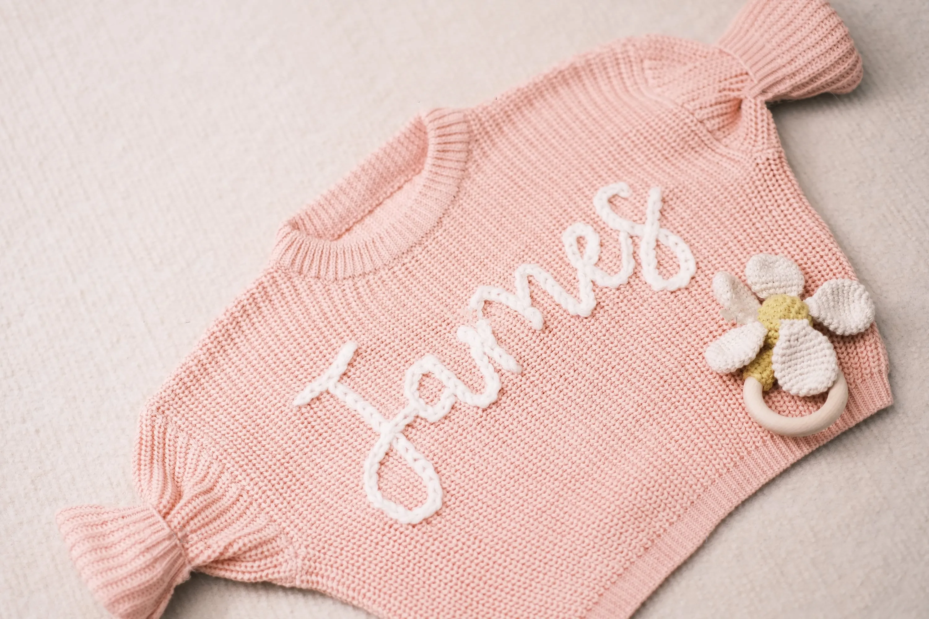Custom Baby Girl's Sweater Featuring Hand-Embroidered Name and Monogram - A Heartfelt Gift from Aunt