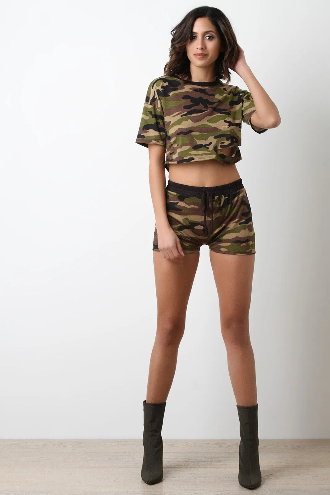 Distress Camouflage Jersey Knit Shorts