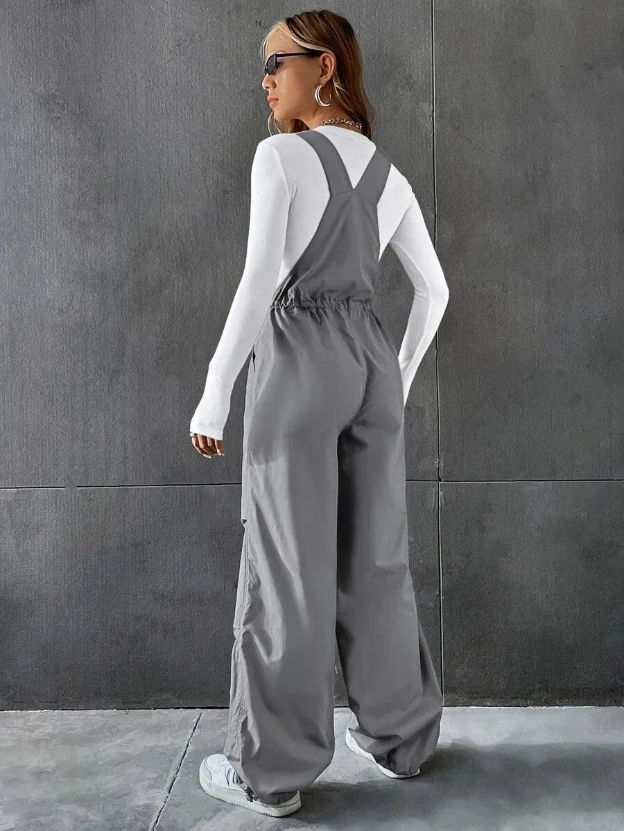 Drawstring Waist Slant Pocket Overall Jumpsuit Without Tee