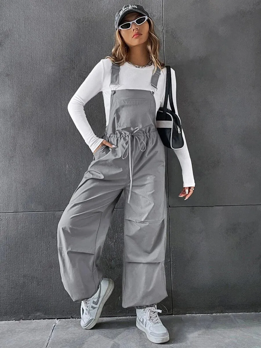 Drawstring Waist Slant Pocket Overall Jumpsuit Without Tee
