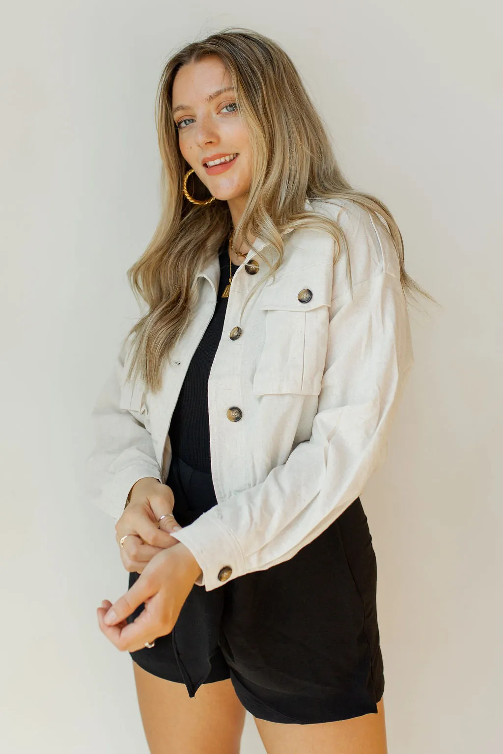 drop shoulder big pocket linen jacket
