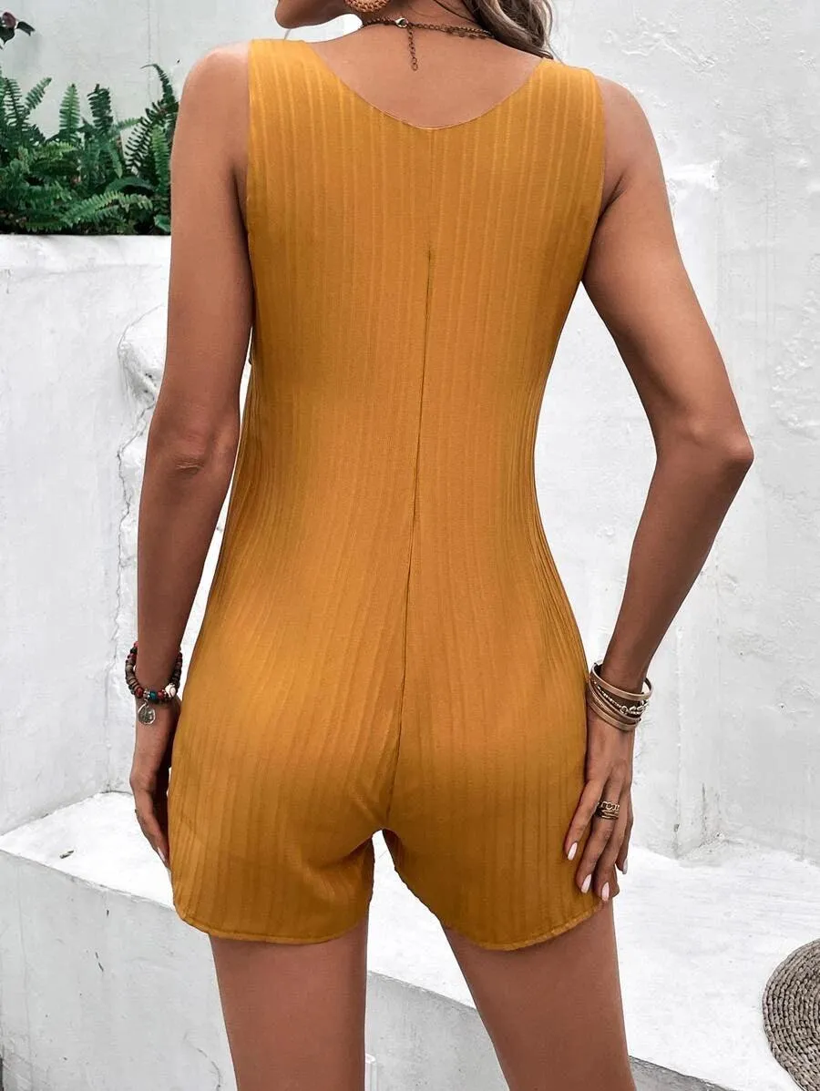 Dual Pocket Button Front Knot Shoulder Romper