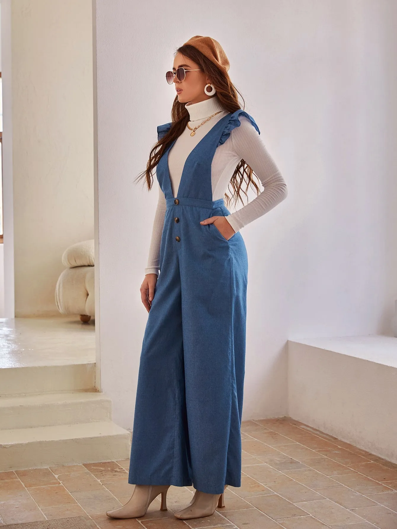 Elegant Plain Button Front Sleeveless Deep V Neck High Waist Long Women Jumpsuit