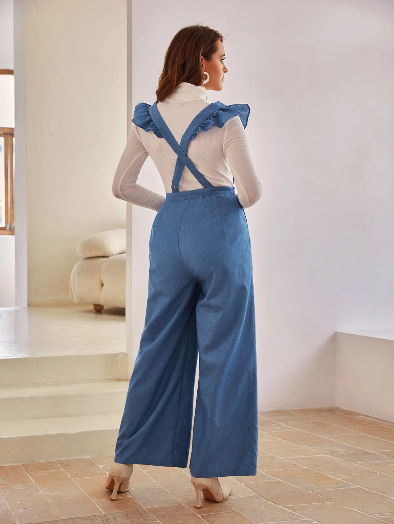 Elegant Plain Button Front Sleeveless Deep V Neck High Waist Long Women Jumpsuit