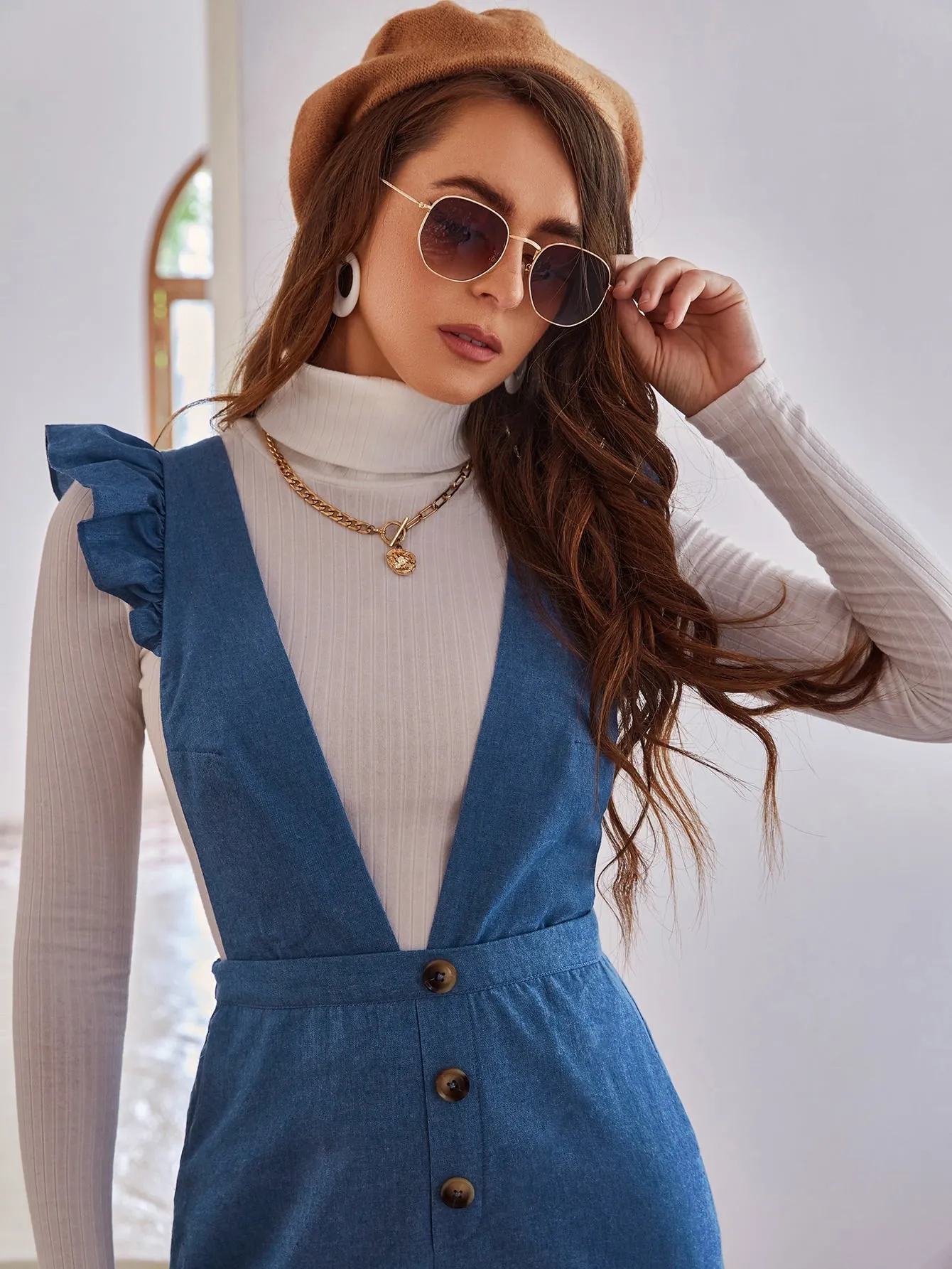 Elegant Plain Button Front Sleeveless Deep V Neck High Waist Long Women Jumpsuit