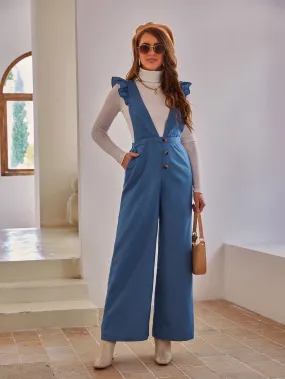 Elegant Plain Button Front Sleeveless Deep V Neck High Waist Long Women Jumpsuit