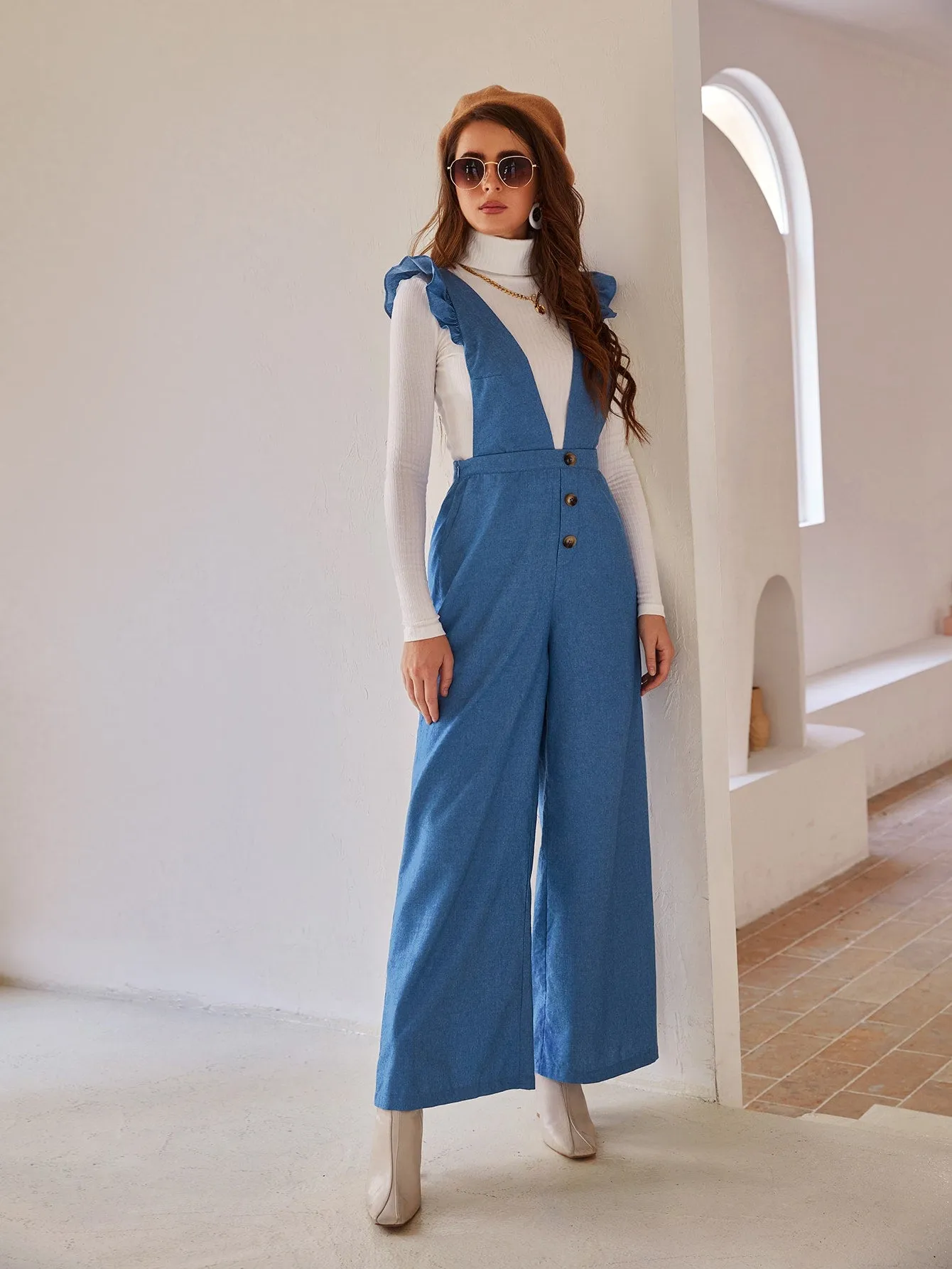 Elegant Plain Button Front Sleeveless Deep V Neck High Waist Long Women Jumpsuit