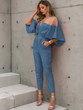Elegant Plain Sheer Three Quarter Length Sleeve V Neck High Waist Long Women Jumpsuit