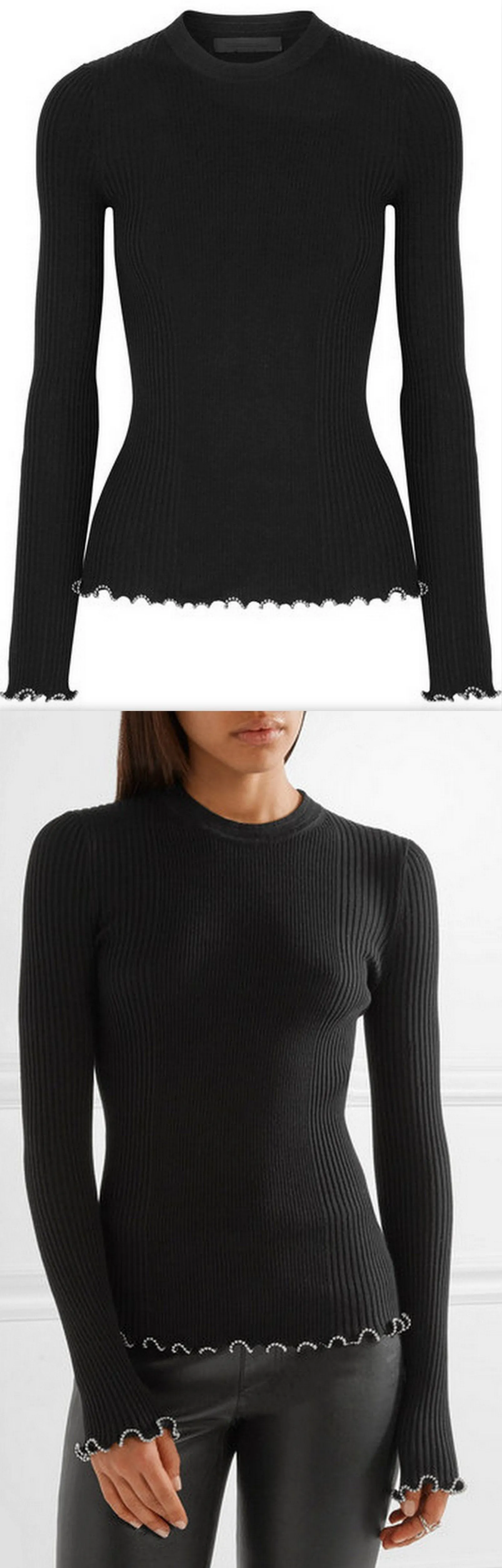 Embellished Ruffle-Trimmed Ribbed Sweater