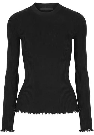 Embellished Ruffle-Trimmed Ribbed Sweater