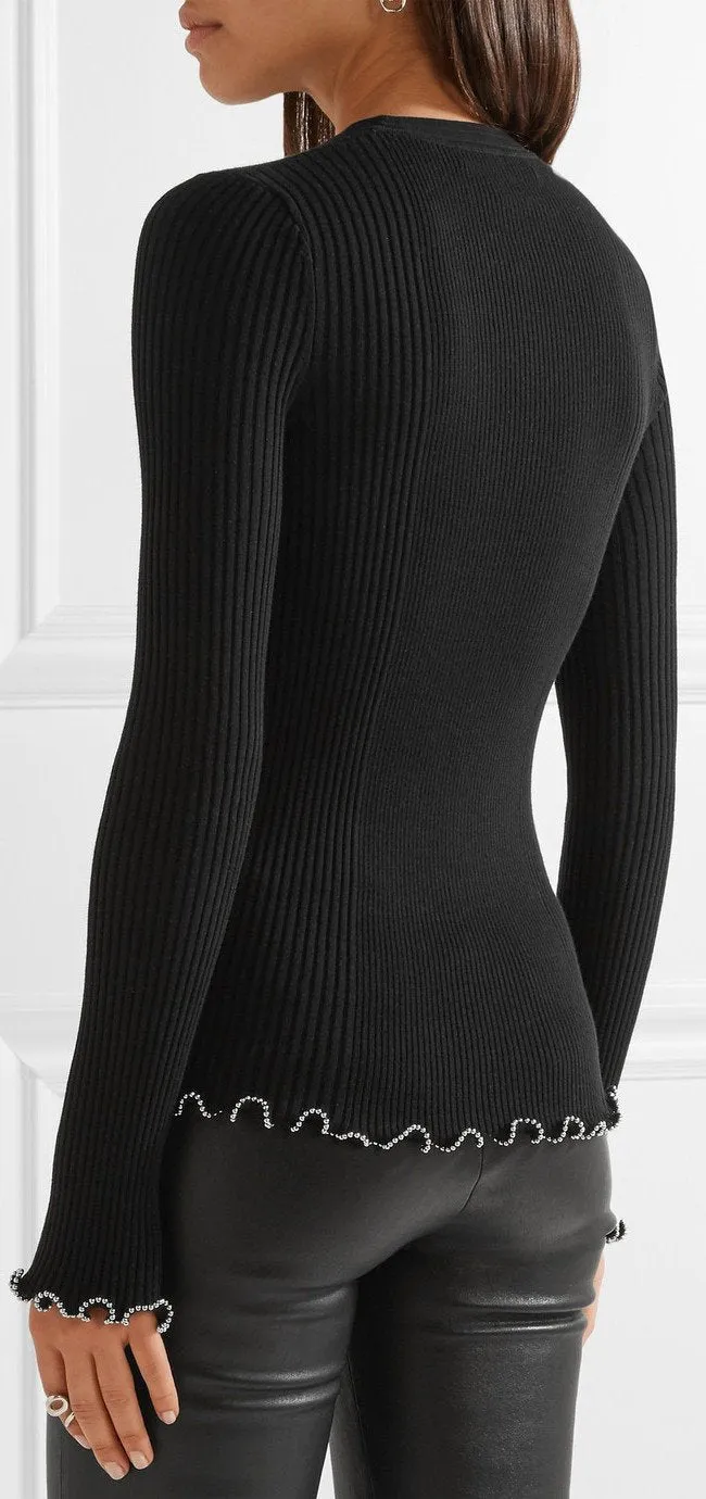 Embellished Ruffle-Trimmed Ribbed Sweater
