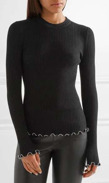 Embellished Ruffle-Trimmed Ribbed Sweater
