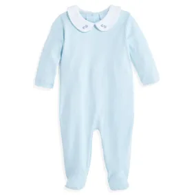 Embroidered Collared Pima Footie -- Blue w/ Blue Hearts