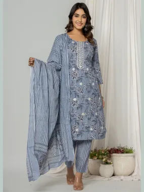 Embroidered Floral Stripes Print Kurta, Pant and Dupatta Set - Grey