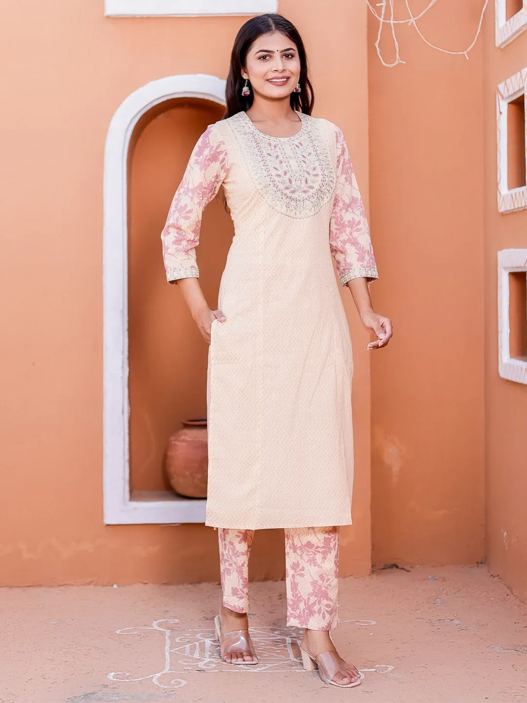 Embroidered Neck Chevron Print Kurta, Pant and Dupatta Set - Pink