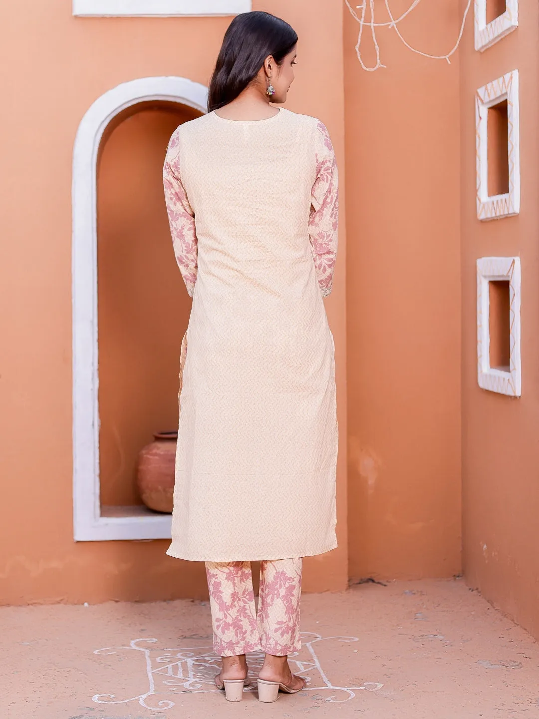 Embroidered Neck Chevron Print Kurta, Pant and Dupatta Set - Pink
