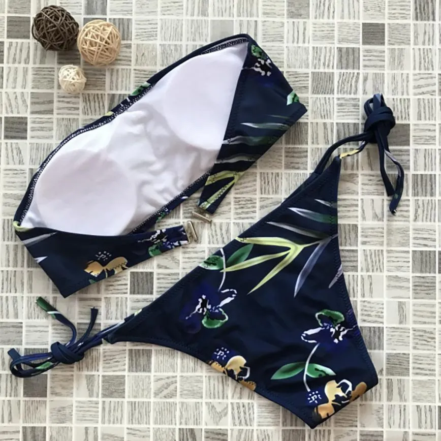 Female Print Split Bikini Swimwear Strap Set