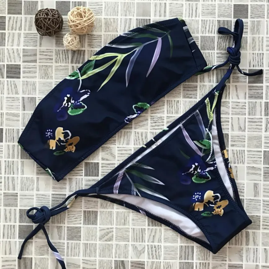 Female Print Split Bikini Swimwear Strap Set
