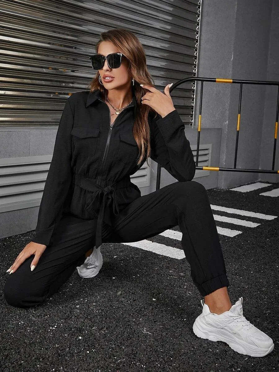 Flap Pocket Knot Front Casual Jumpsuit