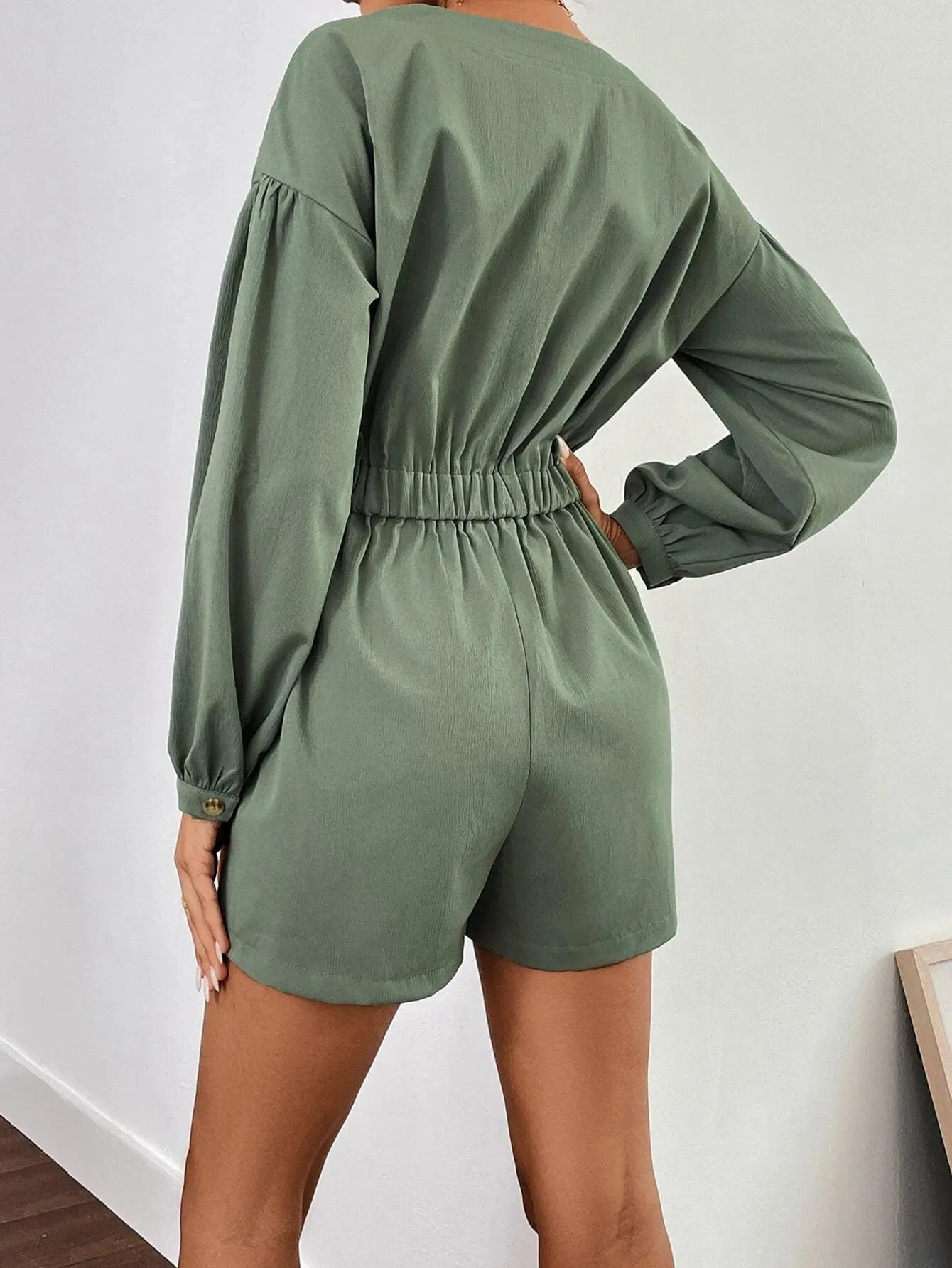 Flap Pocket Long Sleeve Romper