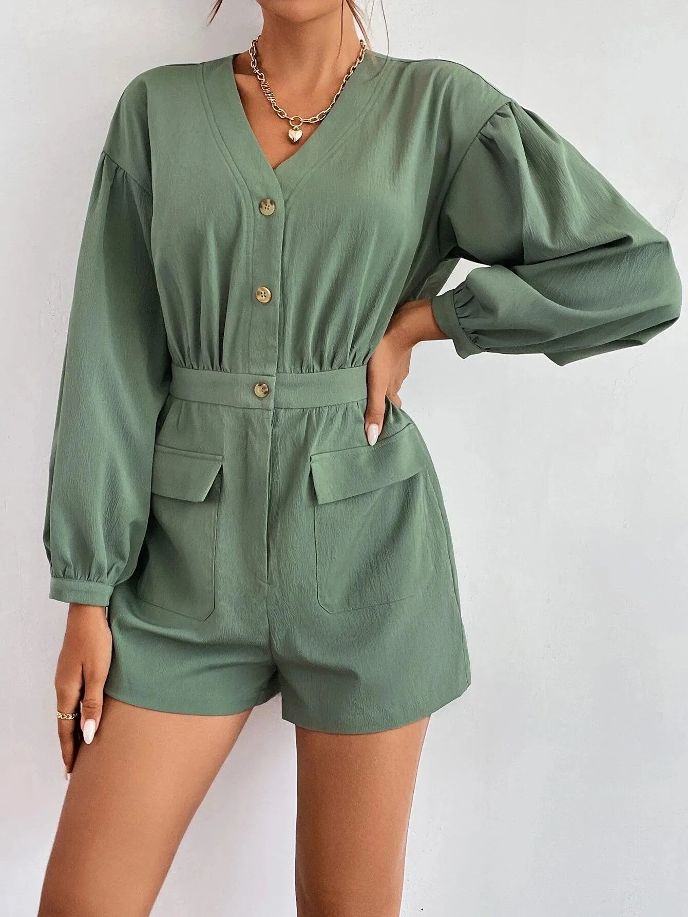 Flap Pocket Long Sleeve Romper