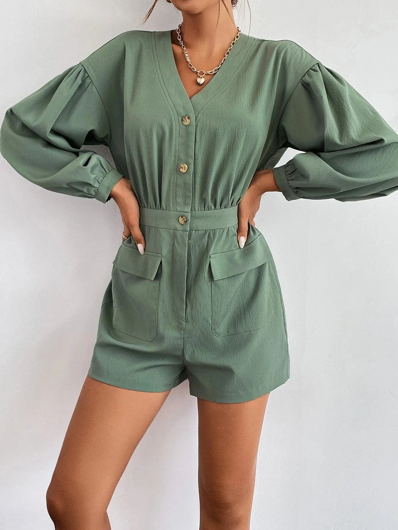 Flap Pocket Long Sleeve Romper