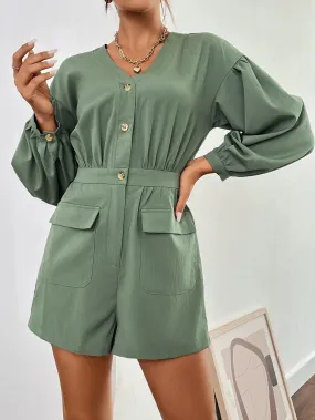 Flap Pocket Long Sleeve Romper