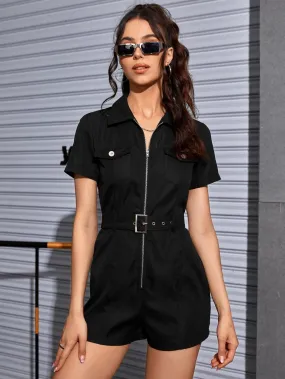 Flap Pocket Zip Front Short Romper