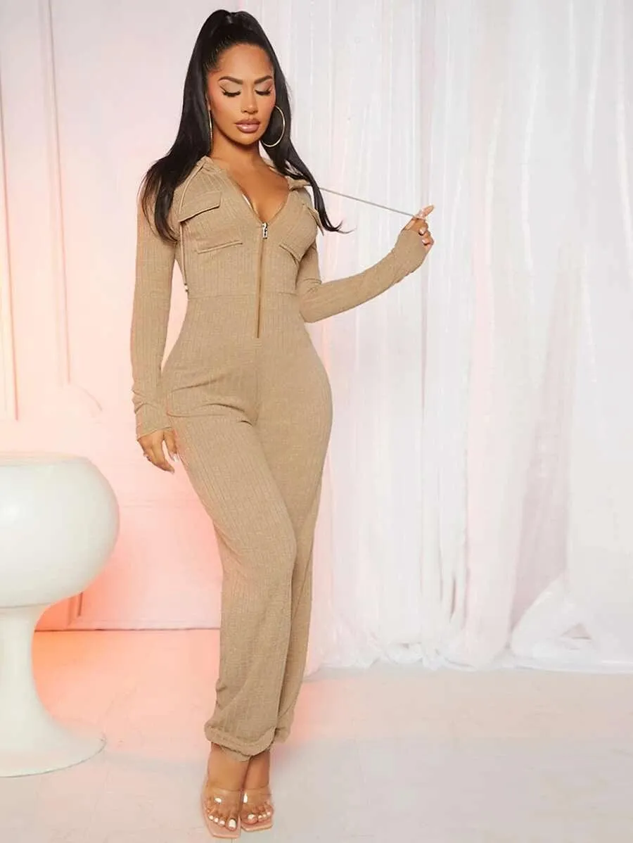 Flap Pocket Zipper Front Hooded Jumpsuit