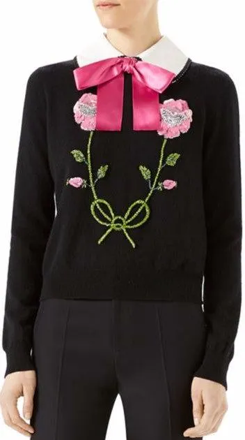 Floral Embroidered Sweater with Bow-Tie