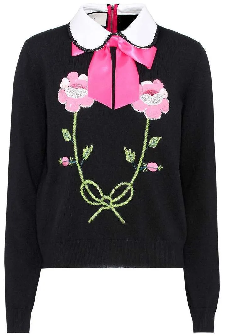 Floral Embroidered Sweater with Bow-Tie
