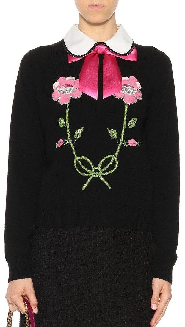 Floral Embroidered Sweater with Bow-Tie