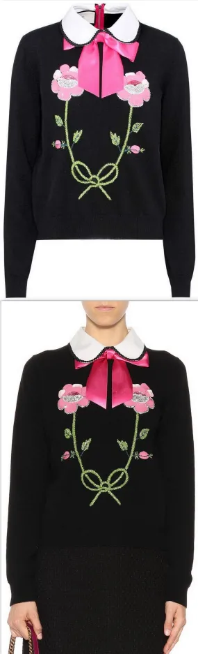 Floral Embroidered Sweater with Bow-Tie