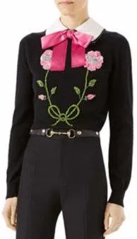 Floral Embroidered Sweater with Bow-Tie