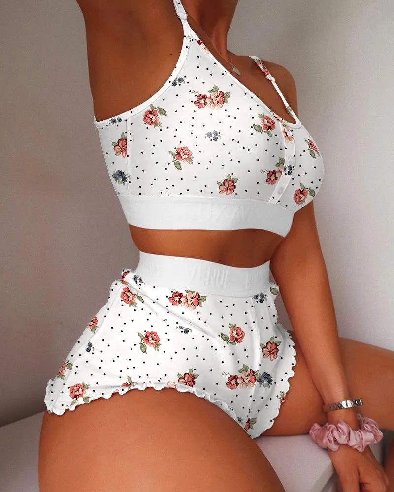 Floral Print Frill Hem Cami Set