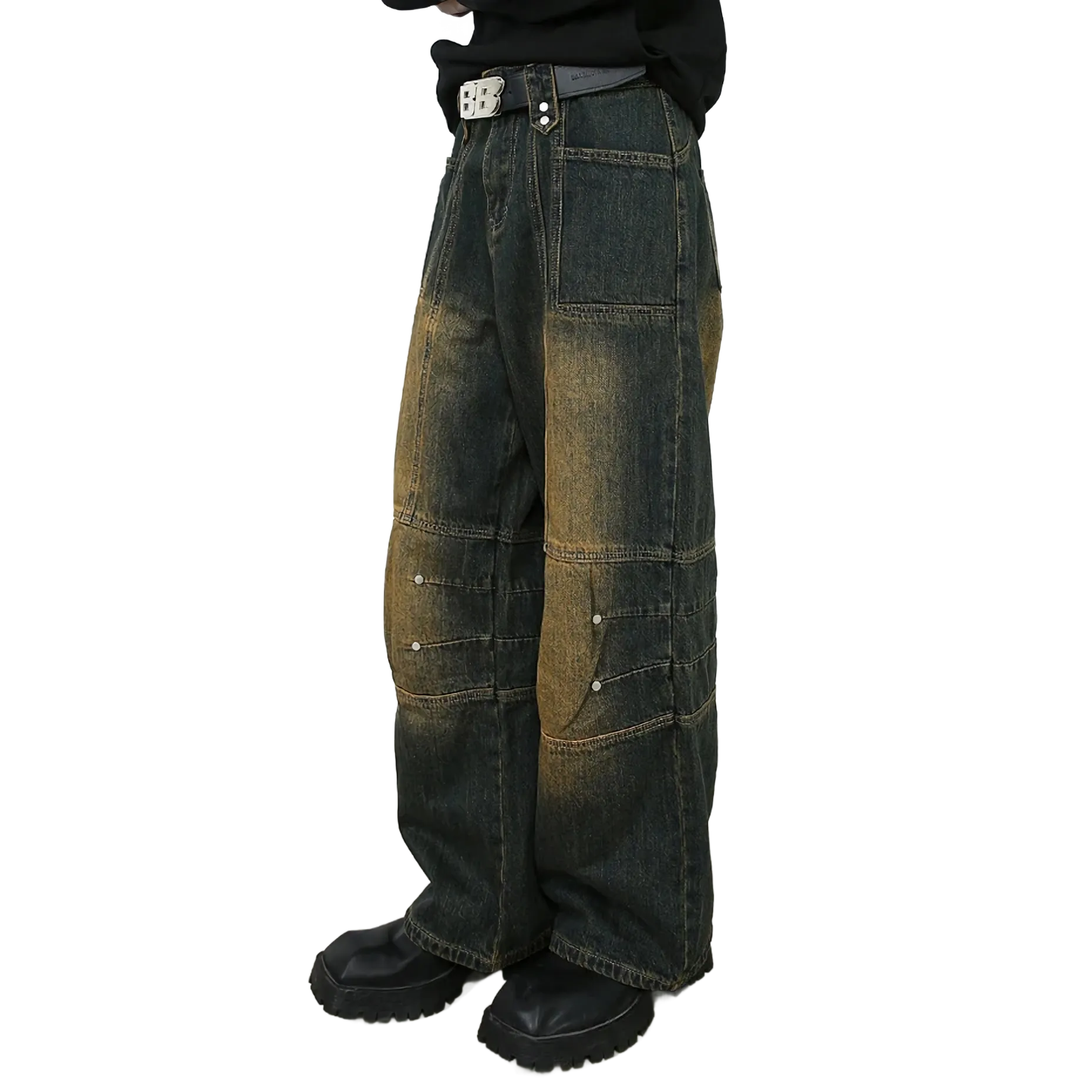 'Foundry' Patch-Panel Faded Denim Jeans