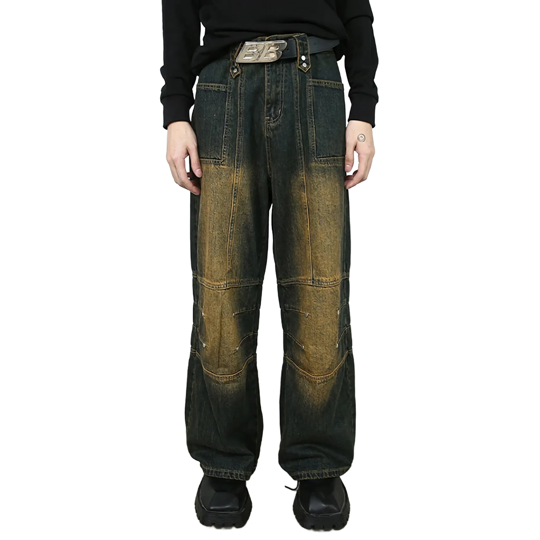 'Foundry' Patch-Panel Faded Denim Jeans