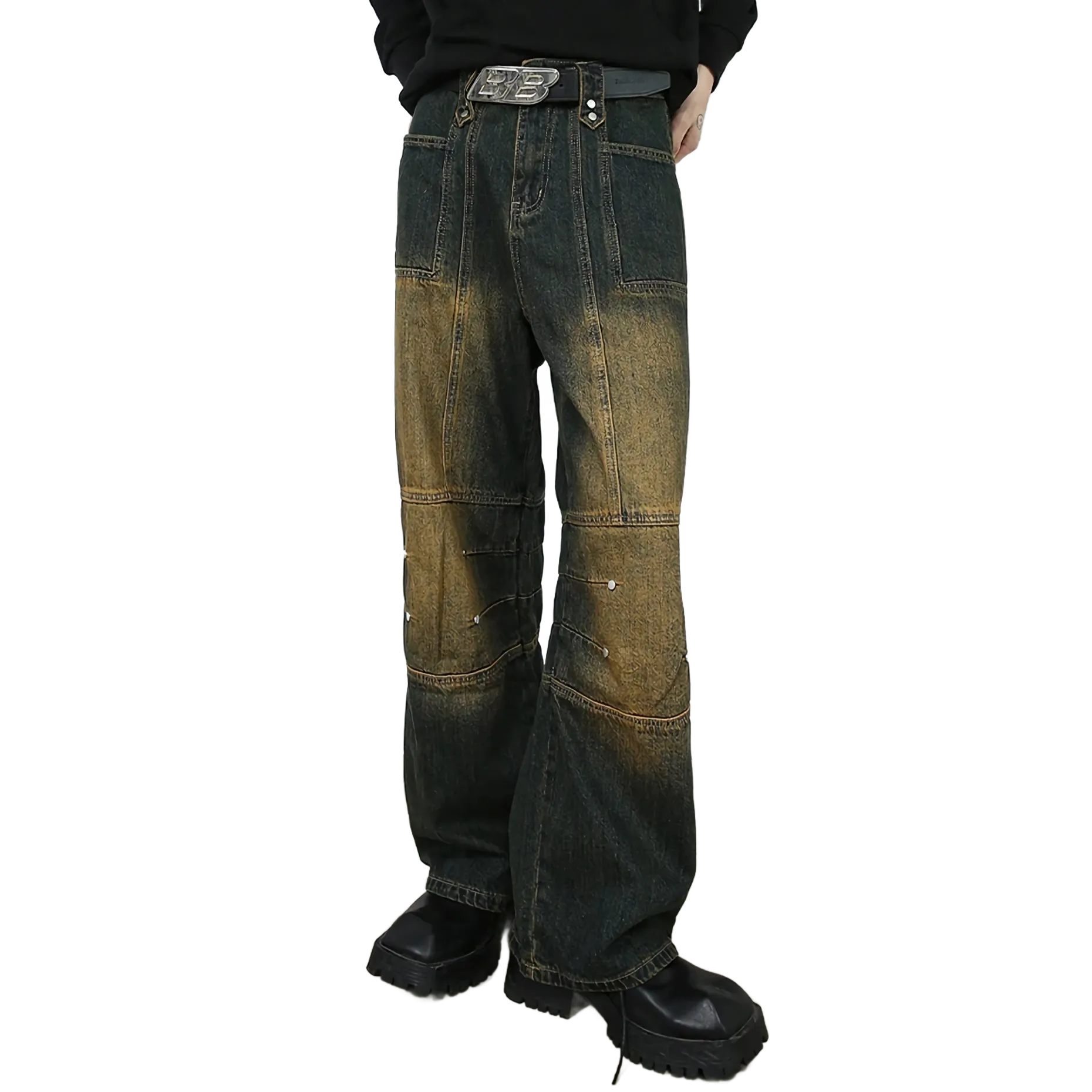 'Foundry' Patch-Panel Faded Denim Jeans