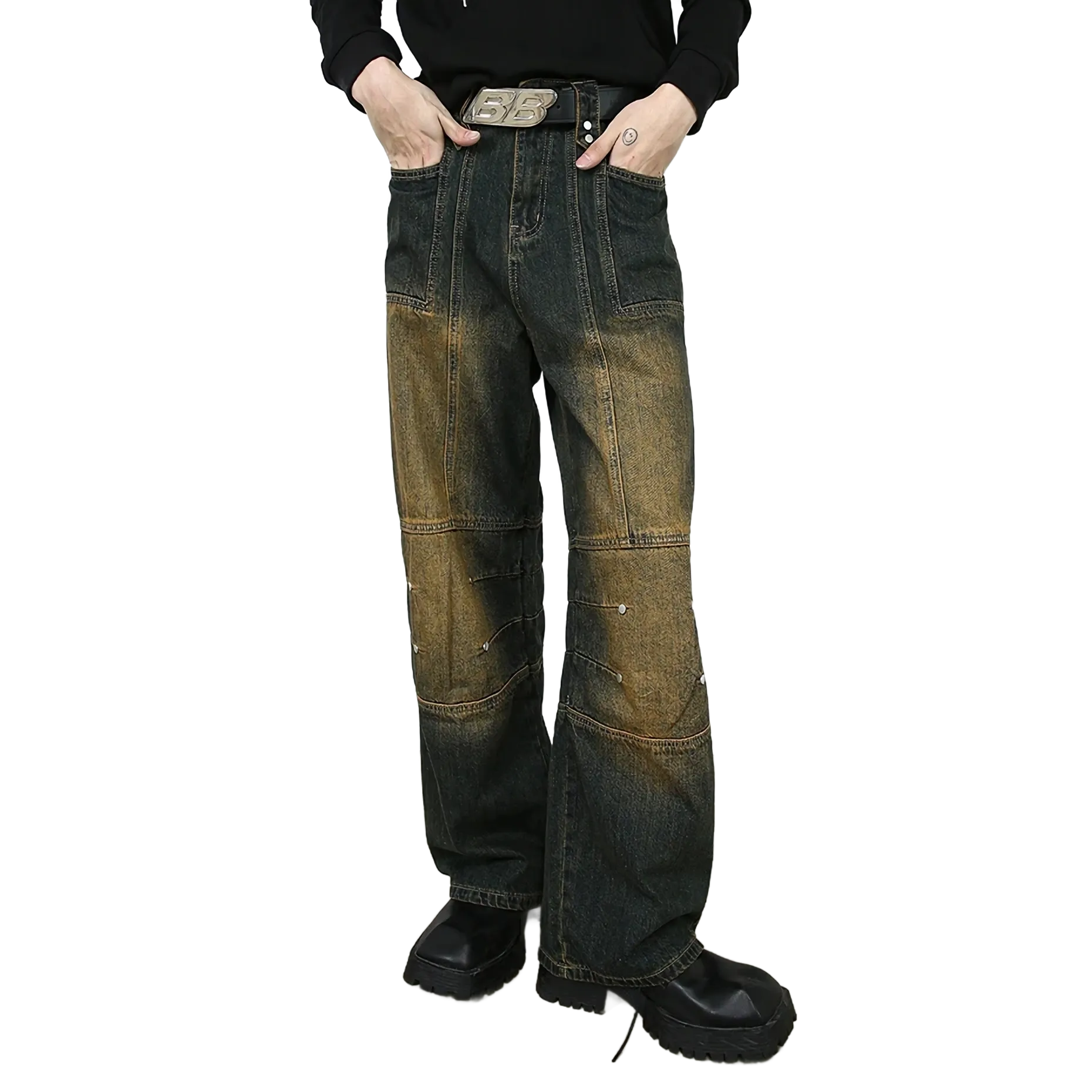 'Foundry' Patch-Panel Faded Denim Jeans