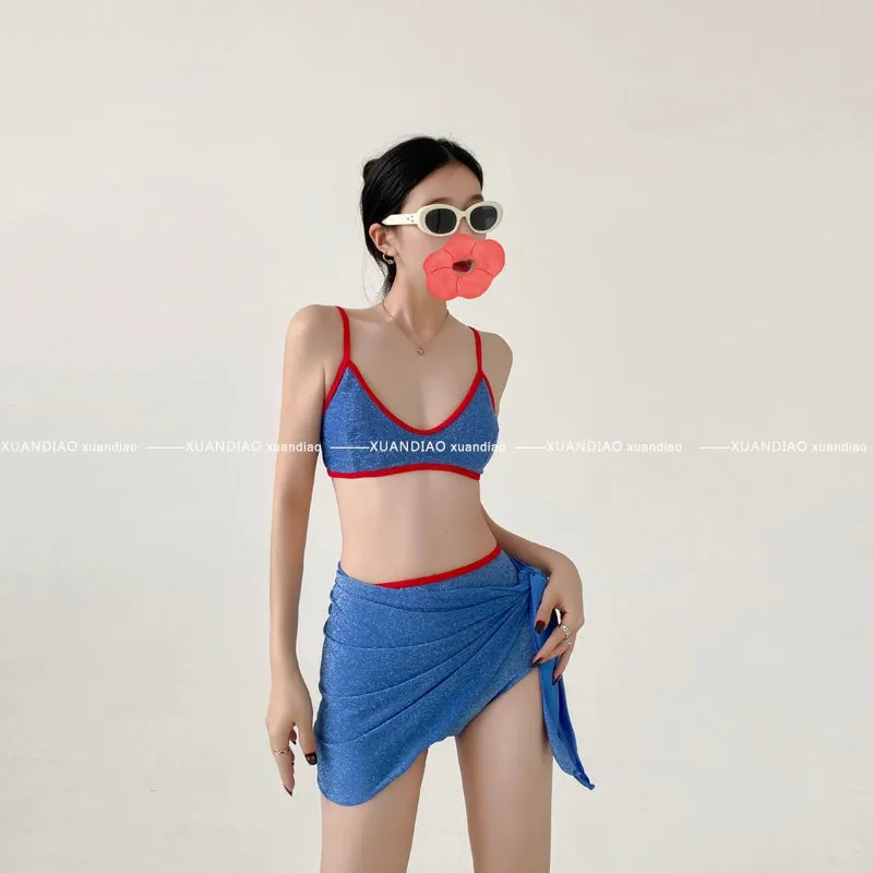 Golden Balls Swimsuit Female 2024 New Retro Style Small Chest Gathered Thin Bikini Three-Piece Set Vacation Hot Spring