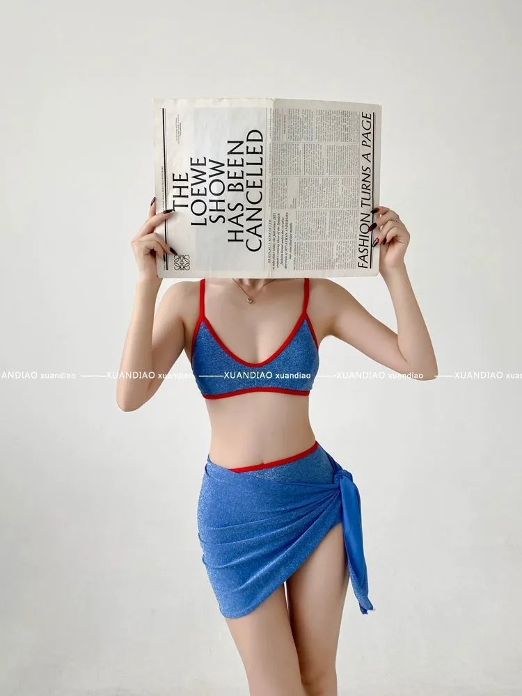 Golden Balls Swimsuit Female 2024 New Retro Style Small Chest Gathered Thin Bikini Three-Piece Set Vacation Hot Spring