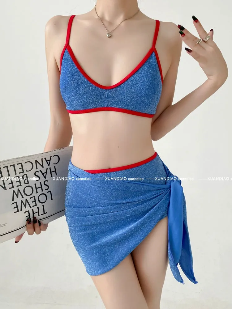 Golden Balls Swimsuit Female 2024 New Retro Style Small Chest Gathered Thin Bikini Three-Piece Set Vacation Hot Spring
