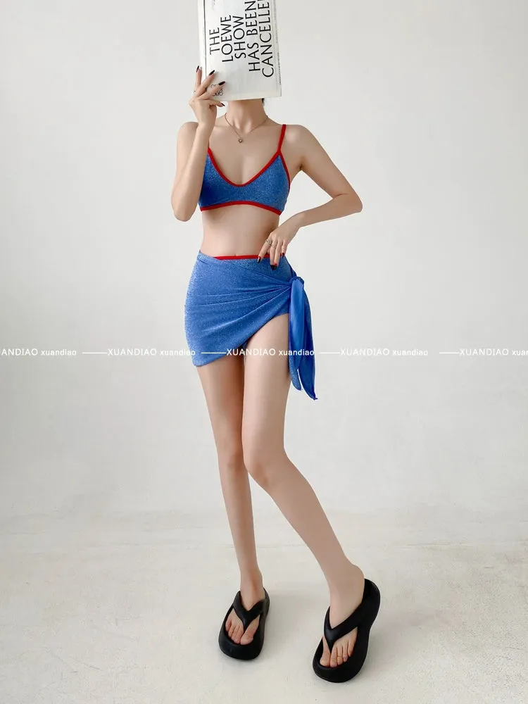 Golden Balls Swimsuit Female 2024 New Retro Style Small Chest Gathered Thin Bikini Three-Piece Set Vacation Hot Spring