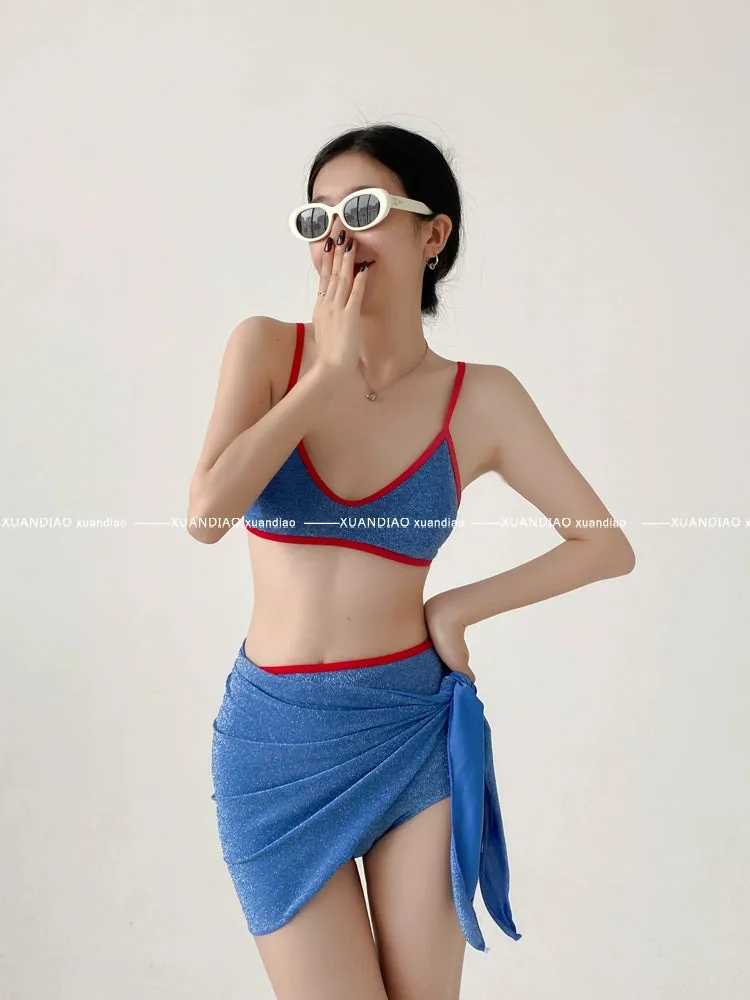 Golden Balls Swimsuit Female 2024 New Retro Style Small Chest Gathered Thin Bikini Three-Piece Set Vacation Hot Spring