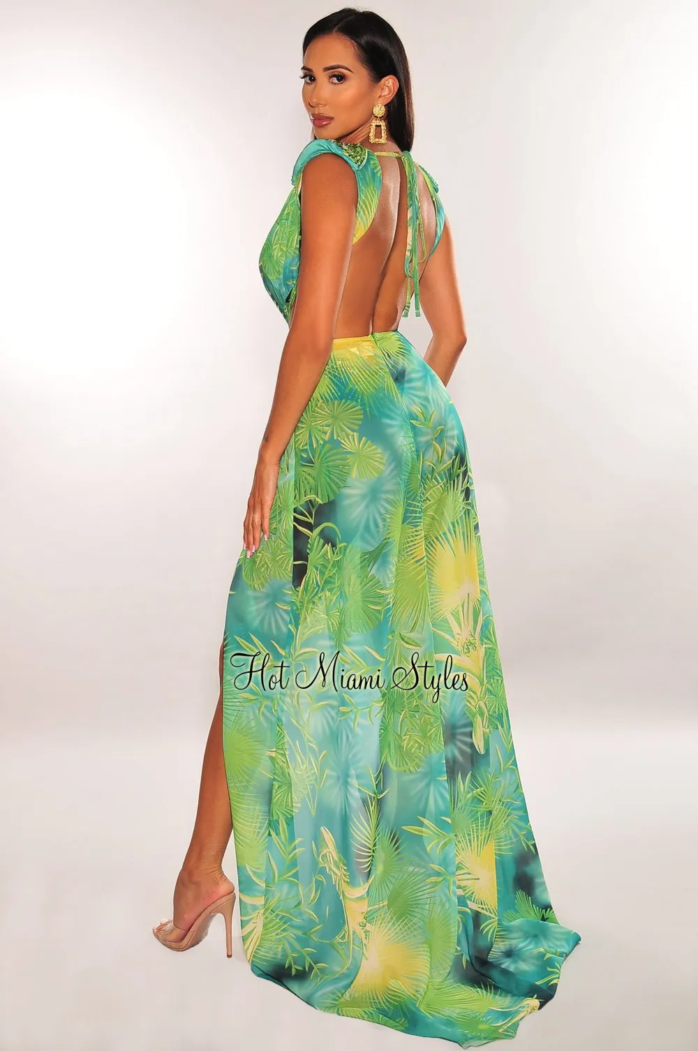 Green Tropical Print Plunge Studded Maxi Skirt Two Piece Set