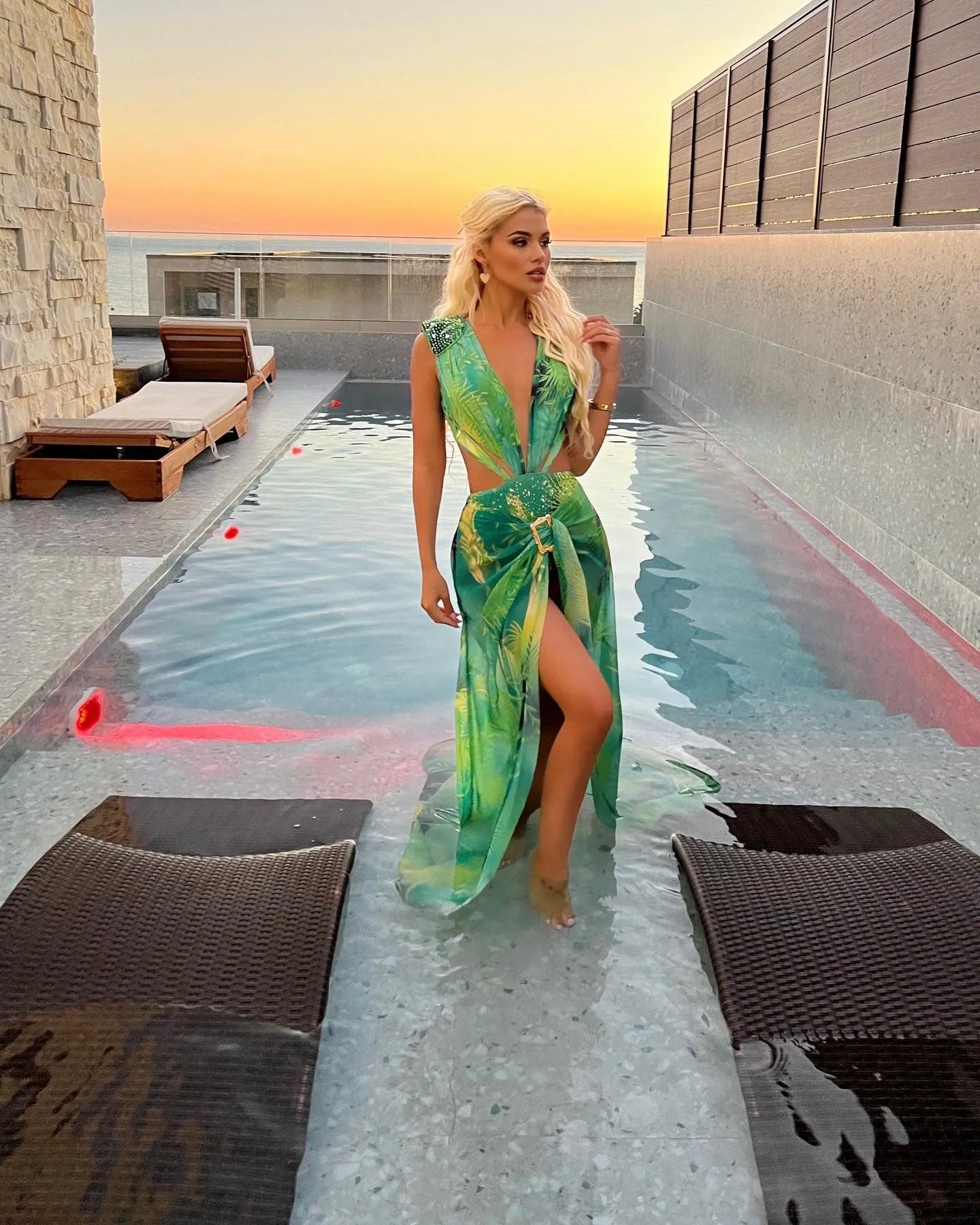 Green Tropical Print Plunge Studded Maxi Skirt Two Piece Set
