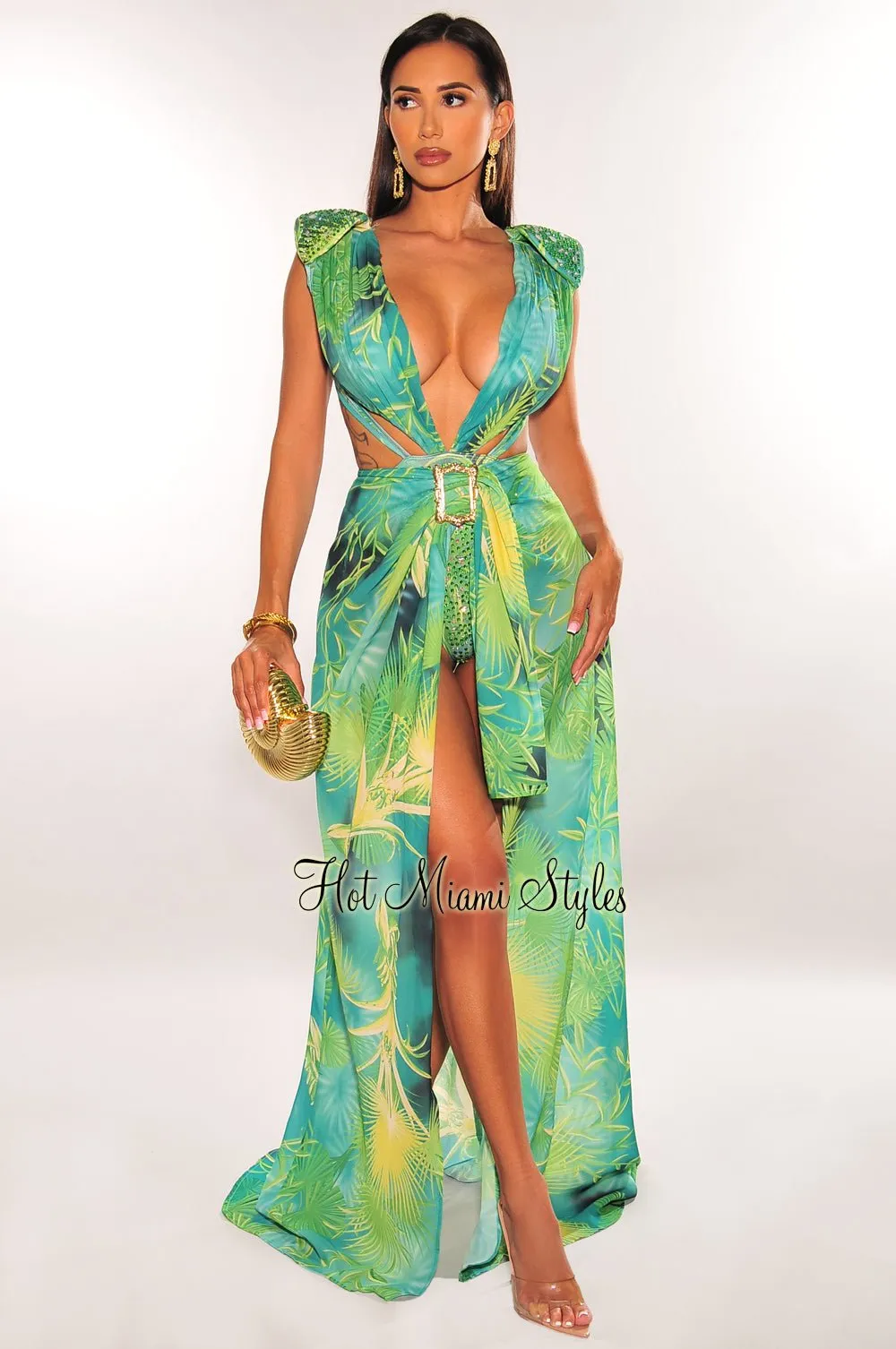 Green Tropical Print Plunge Studded Maxi Skirt Two Piece Set