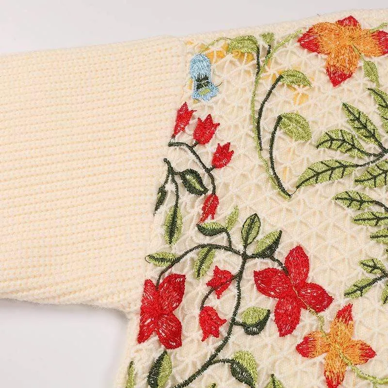 Gridding Flower Embroidered Sweaters