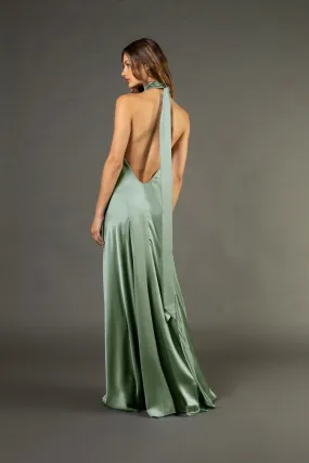 Halter tie neck backless gown - sage