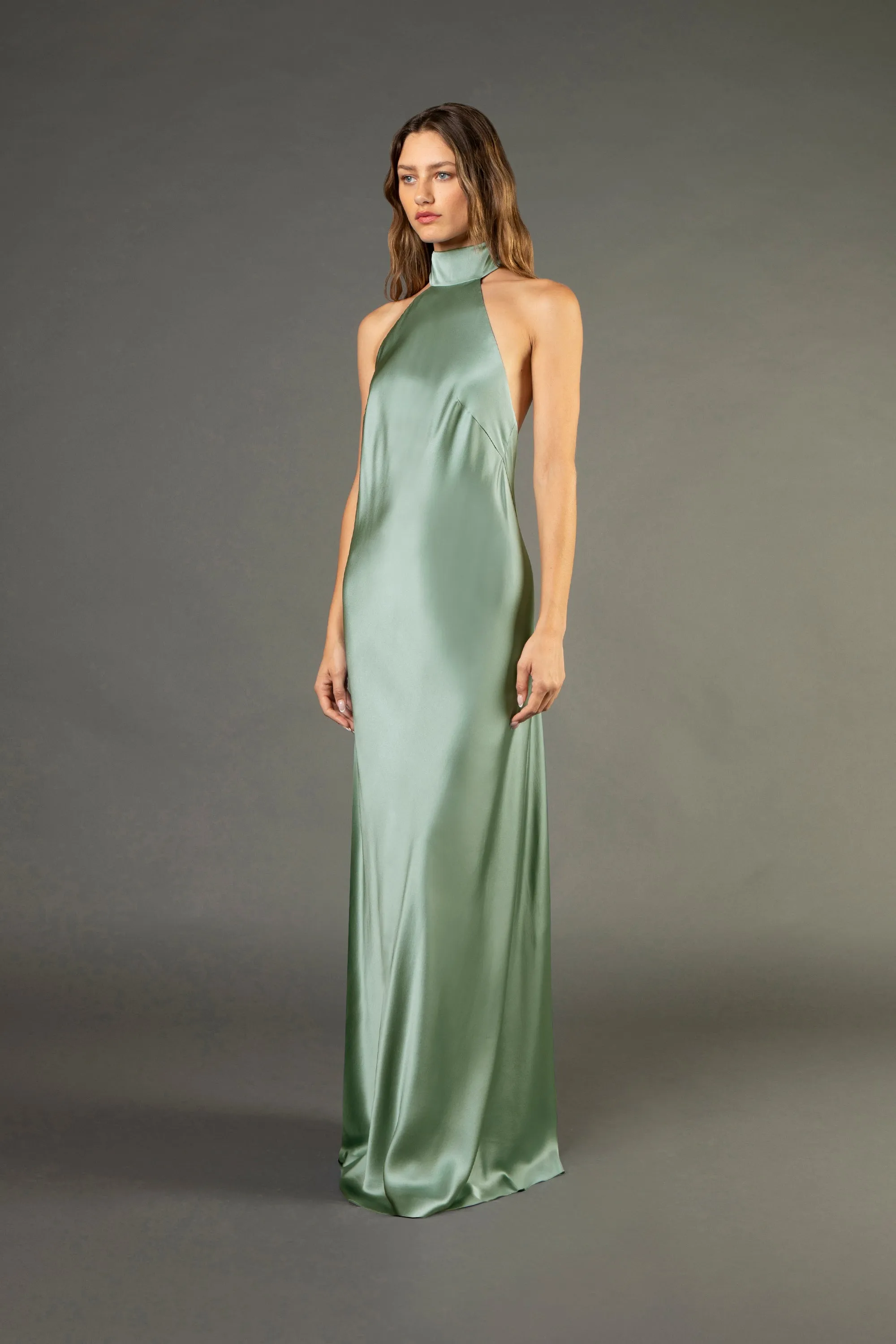 Halter tie neck backless gown - sage